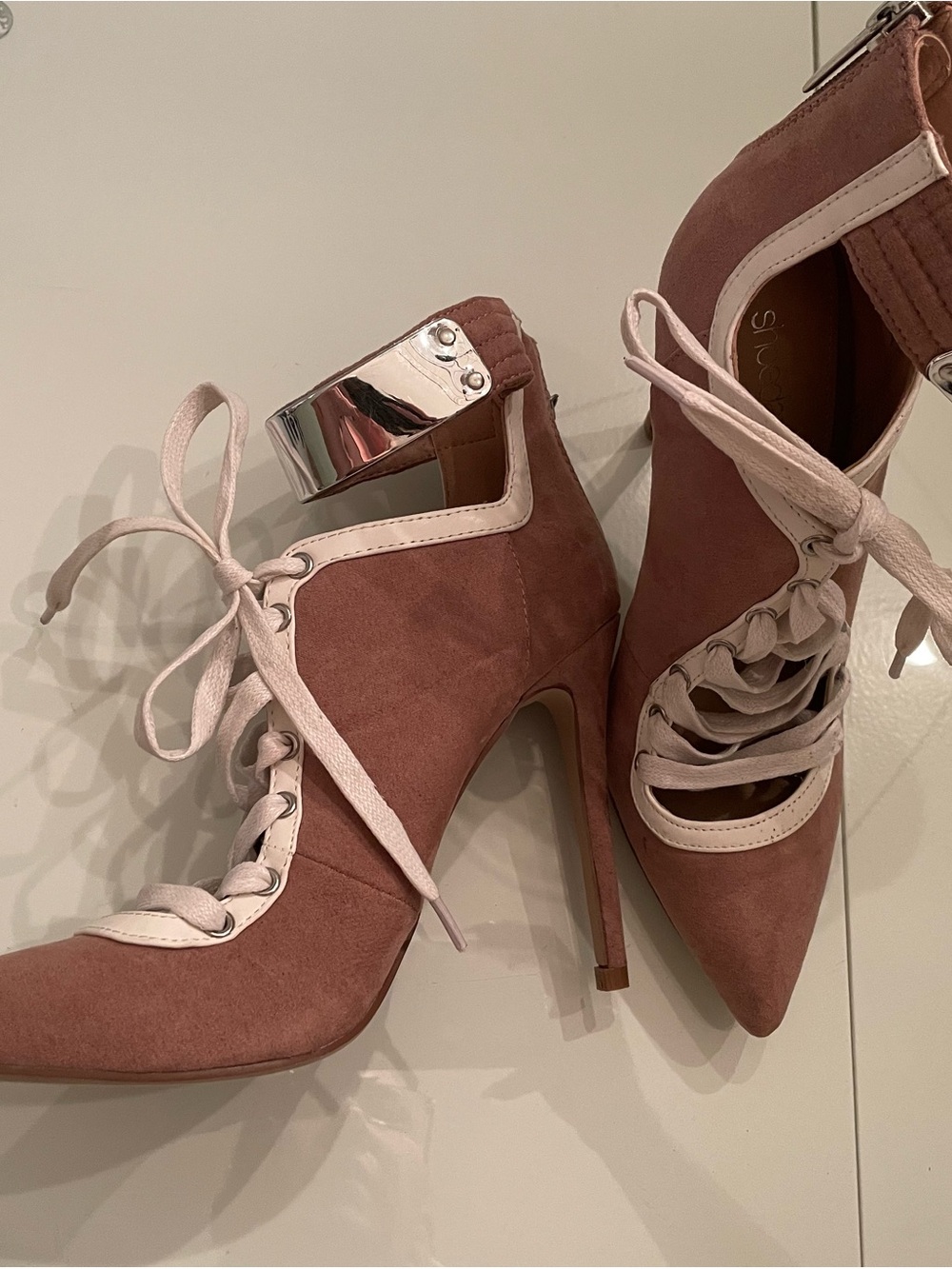 Shoe Dazzle Mauve Suede Lace-Up Stiletto Heels with Cream Trim